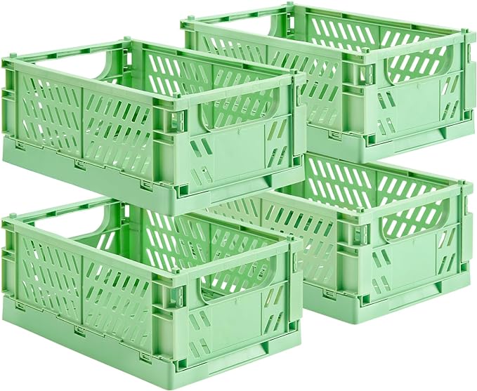 HUUSMOT 4-Pack Collapsible Plastic Storage Baskets, Green, 9.8"x6.5"x3.8" | Pastel, Space-Saving, Collapsible Plastic Bins, Cute Mini Storage Crates, for Classroom, Kitchen, Office, Bedroom