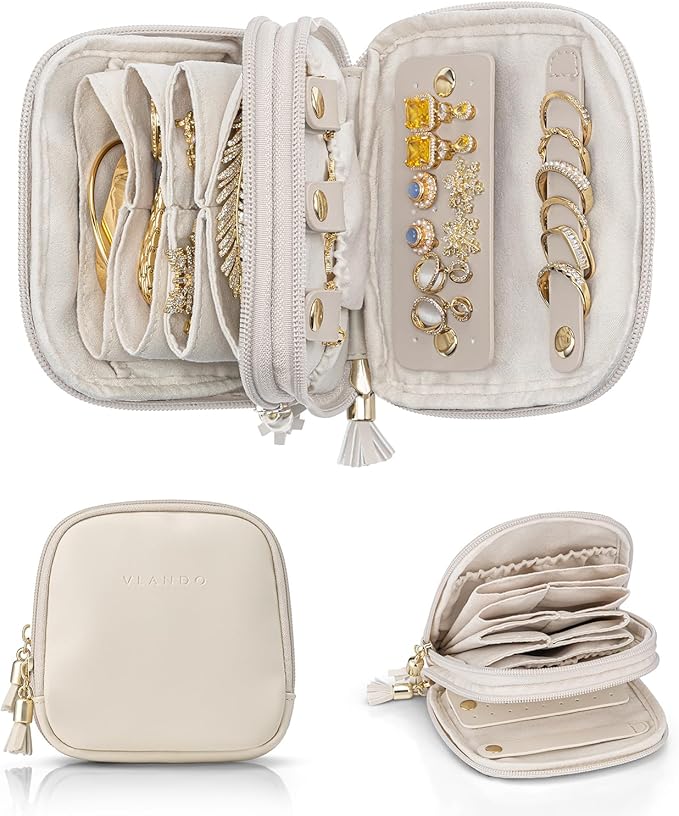 VLANDO Jewelry Travel Case with 2 Layers for Necklaces,Rings,Earrings | PU Leather Organizer with Divided Sections,Velvet Lining,Gift for Bride,Bridesmaid,Women,Girls,Cream White