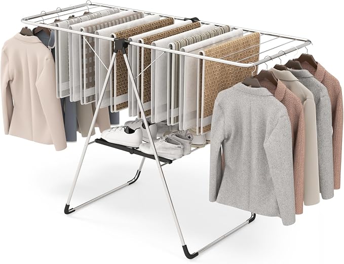 Tangkula 2-Level Collapsible Clothes Drying Rack w/Height-Adjustable Wings | Light-Weight Aluminum | Bottom Shoe Rack | No Assembly | Foldable & Space-Saving| for Laundry Room, Balcony, Patio | Silver