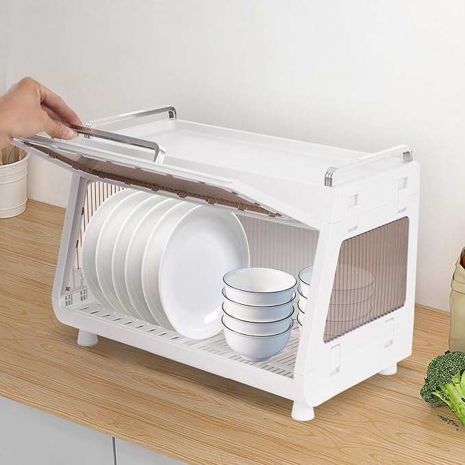 Dish Drying Rack with Lid Cover - 2-Tier Foldable Drain Board, 33lb Capacity Countertop Organizer for Plates, Bowls & Utensils, Space Saving Kitchen Storage (Tea Color)