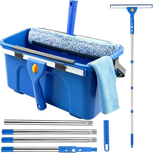 Window Cleaning Kit with 3 Gallon Bucket | 63" Long Handle 14" Window Squeegee & 15" Microfiber Scrubber, Multi‑Purpose Window Washing Tools for Home Car Outdoor Commercial