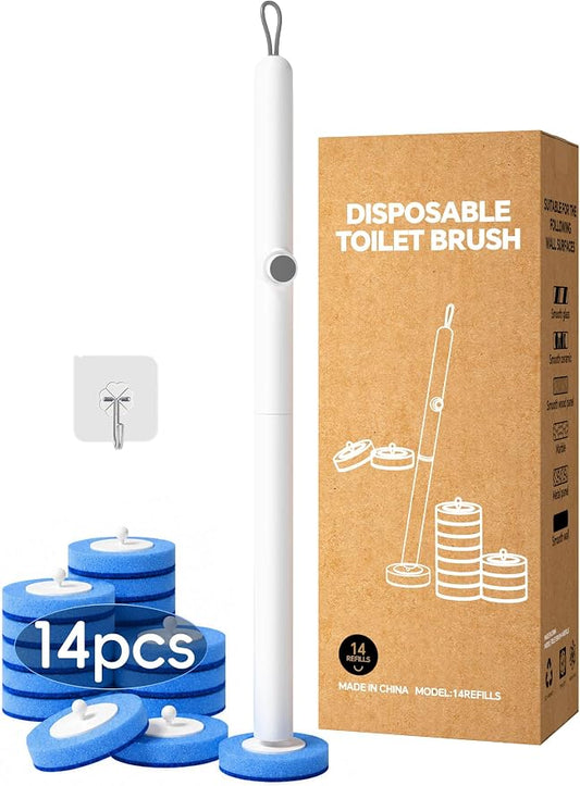 Disposable Toilet Brush Wand System, Toilet Bowl Cleaning Wand Kit with Disposable Refill Heads and Press Button Handle, for Daily Bathroom Cleaning 1 Wand and 14 Refill Heads