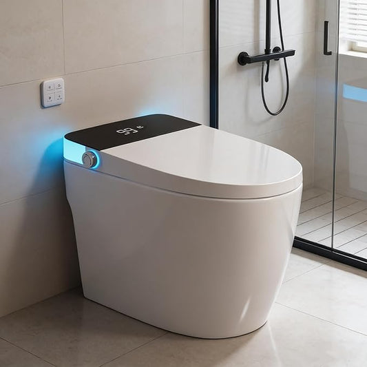 Smart Toilet with Heated Seat, Foot Sensor Auto Flush, One Piece Toilet for Bathroom, Electric Tankless Toilets with Night Light, LED Display, Dual Flush Remote - Pre-Wetting