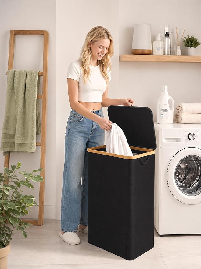 IEGrow Laundry Hamper with Lid, 110L Laundry Basket with Bag,Black | Dirty Clothes Hamper Basket with Bamboo Handle for Clothes Towels Organization