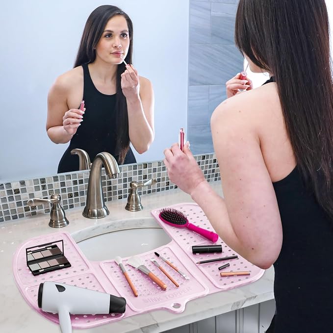 Sink Topper Bathroom Sink Cover for Counter Space, Large Pink | Holds up to 7 lb on a steel frame; fits over basins 19-23 in; 480°F silicone; foldable makeup mat; countertop extender