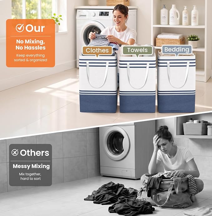 TranquilRelax 3-Pack Laundry Basket, Laundry Hamper, Blue-75L | Freestanding＆Water-Resistant Laundry Hamper, Collapsible Tall Clothes Hamper with Carry Handles for Clothes, Laundry Basket