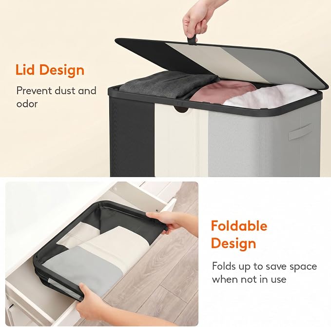Lifewit 185L 3 Section Laundry Hamper with Lid, Large Laundry Basket with Handles and Removable Bags, Tall Clothes Hamper, Foldable Laundry Sorter for Bedroom Bathroom, Black, Gray, and White