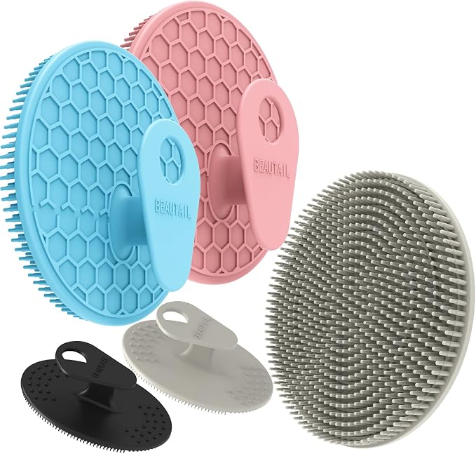 Silicone Body & Face Scrubber Set 5 Pack, BEAUTAIL Gentle Shower Scrubber | Hygienic Silicone Loofah, Easy-Grip Handle, Soft Exfoliating Bath Brush for Sensitive Skin, Women & Men (Gray+Pink+Blue)