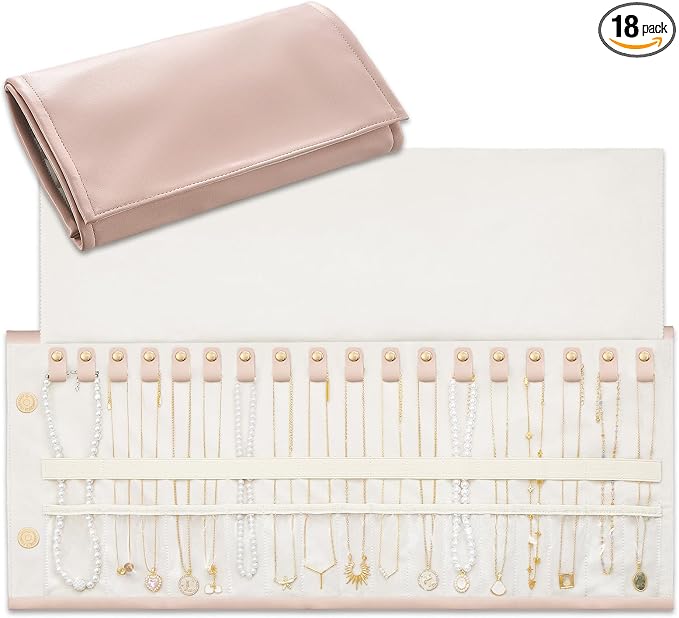 Lolalet Travel Necklace Organizer, Foldable Jewelry Case, Pink, 18 Slots | Tangle-Free, Roll Up, PU Outer, Velvet Lining, Space-Saving, for Chains Bracelets, Gift for Women Girls Daughters Friends