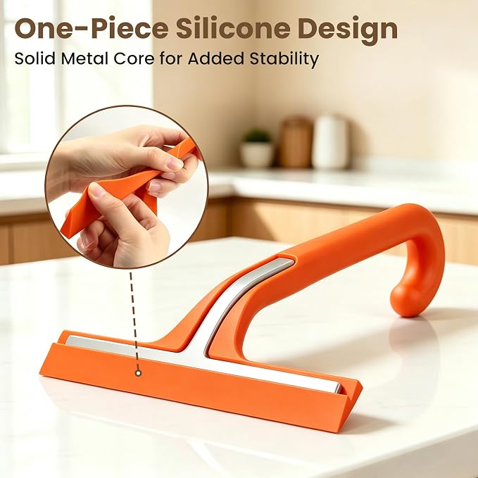 Shower Squeegee for Glass Doors - 10 Inch Bathroom Squeegee with Ergonomic Round Grip, Built-in Hook, Streak-Free No-Squeak Silicone Blade for Shower Glass, Tile Walls, Mirrors & Windows, Orange