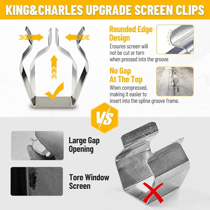 King&Charles Window Screen Replacement, 6in1 Window Screen Door Repair Kit | 59"x106" Gray Screen Mesh, Steel/Nylon Bearing Roller, 0.14in x 50ft Spline, 8 Clips & Hook for Windows, Doors, Patio & RV
