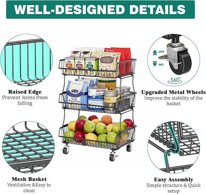 Giwil 3-Tier Rolling Pantry Organizers Fruit Vegetable Storage Basket Cart | 23.62"H under pantry shelf, metal frame, extra standing feet, kitchen produce wire basket for snack fruit onion potato, black