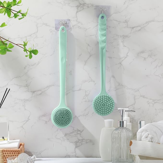Sunnyray 2 Pack Silicone Back Scrubber for Shower with 15" Long Handle Double-Sided Bath Body Brush for Exfoliating Easy to Clean Quick Dry Deep Cleaning Lathers Well(Nordic Green)