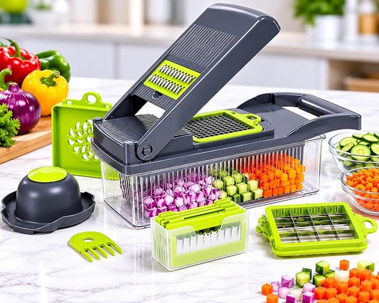 Vegetable Chopper - 14 In 1 Multifunctional Food Chopper with Container - Vegetable Cutter with Container for Salad - Kitchen Gadgets & Essential Kitchen Tool Set for Onion, Potato, Fruits & Veggies