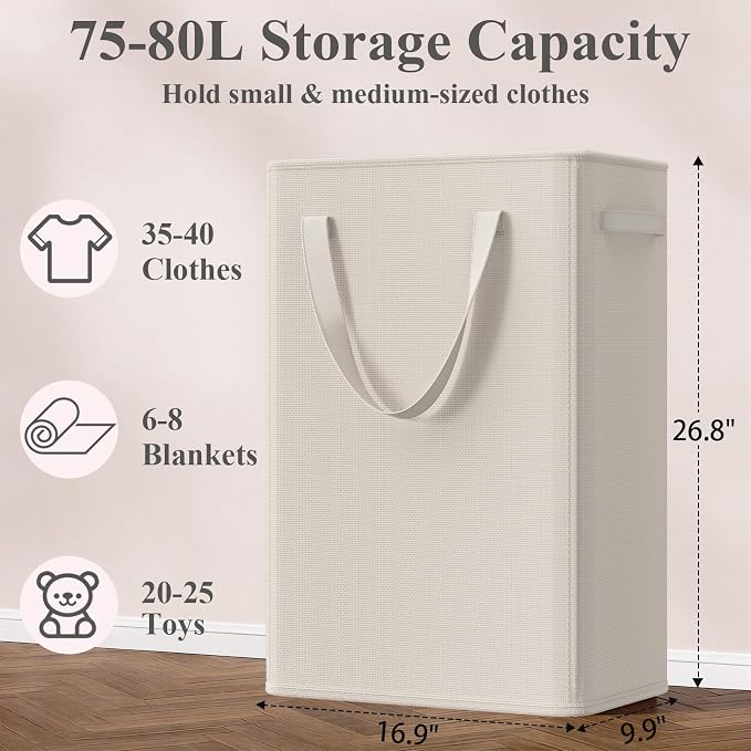 Optish 75L Slim Laundry Hamper, Baby Hamper for Nursery with Handles, Large Laundry Basket for Dorm, Bedroom, Living Room, Collapsible Laundry Basket, White
