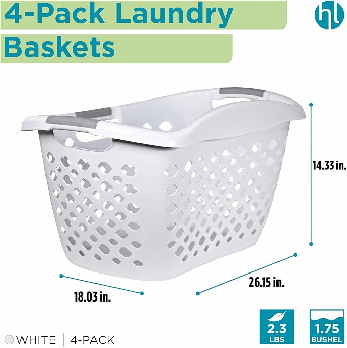 Home Logic 1.75 Bushel Plastic Laundry Basket with Hip Grip, Large Laundry Hamper with Handles, Ventilated Clothes Organizer for Bedroom Bathroom Closet, 4 Pack, White
