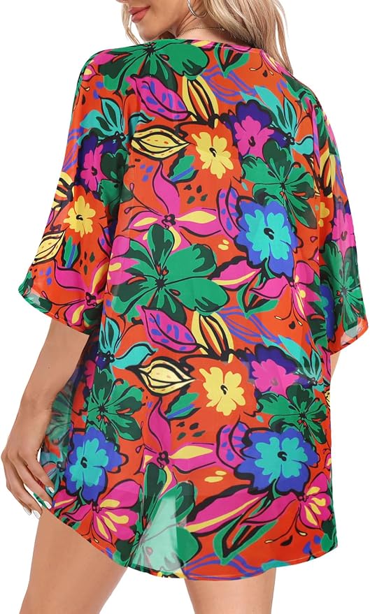 Women Kimono Cardigans Summer Cover Up Hawaiian Shirts Floral Print Tops | ROSEMIA chiffon kimono open front cardigans, beach cover ups, daily casual tops, cruise outfits, summer resort wear
