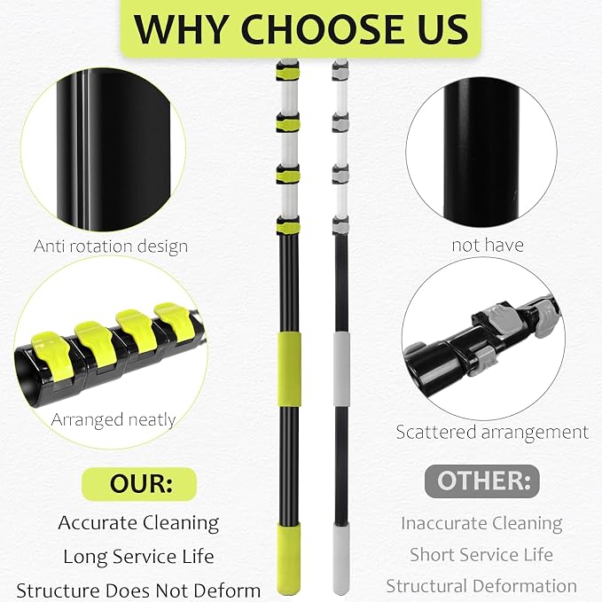 【Upgrade Anti Rotation 】 36ft High Reach Duster Kit,5-36ft Lightweight Aluminum Alloy Extension Rod,7-Piece Set,210° Steering Head Clean Various Angle,for Cleaning Ceiling,High Wall