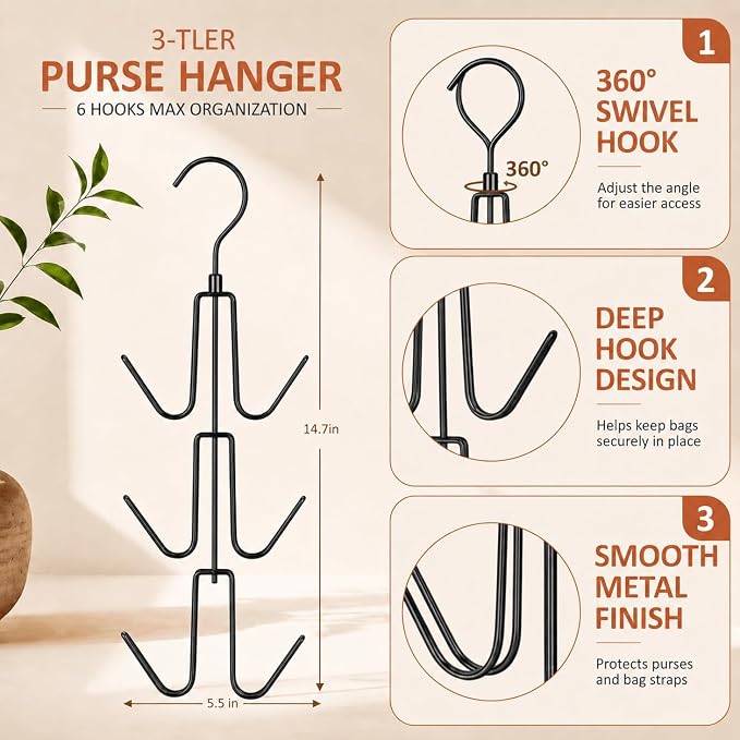 ZEDODIER 2 Pack Purse Organizer for Closet, Heavy-Duty Hanging Purse Hanger Closet Holds Up to 12 Purses, Metal Rotating Space Saving Bag Holder Handbag Storage Hook Backpack Rack, Black