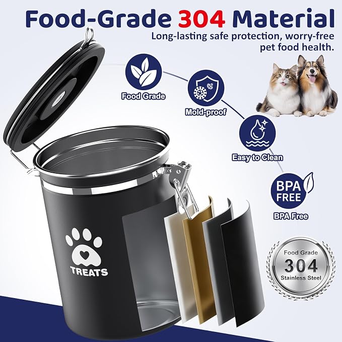 ENONCI Dog Treat Container Airtight,5.9"x4.7" Stainless Steel Cat Treat Jar for Kitchen Counter with Scoop, Pet Storage for Fresh Dog Cookie