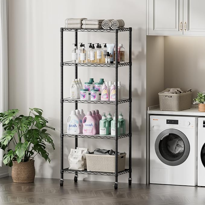 SINGAYE 5 Shelves Storage Wire Shelf Closet Metal Shelving Pantry Wheels | Shelf Bathroom Organizers Metal Kitchen Garage Shelving Unit Laundry Room Organization Home Rack Net Basket with Wheels