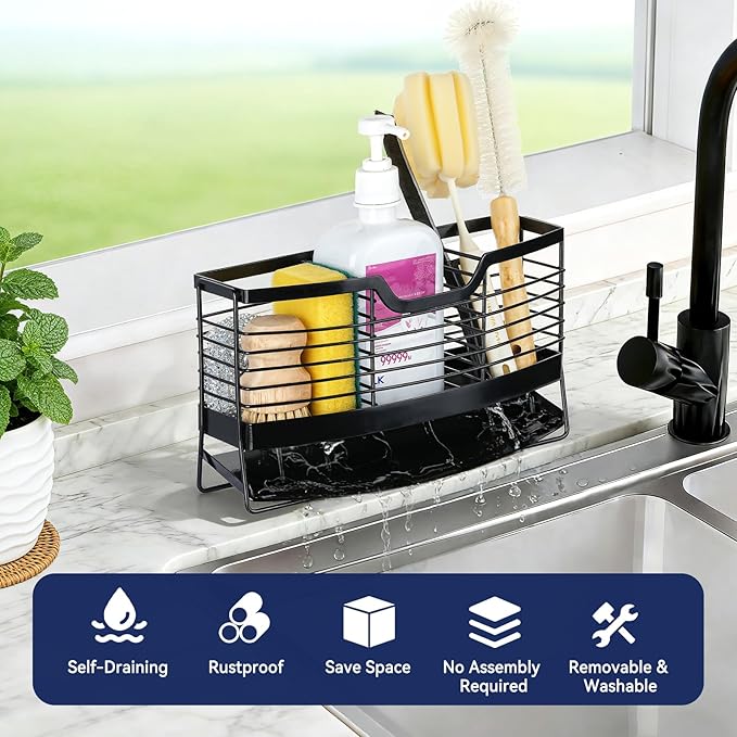 Utensil Holder, Stainless Steel Utensil Drying Rack with Automatic Drain Tray for Kitchen Counter, 3 Compartments Silverware Spoon Holder Cutlery Drainer Sink Caddy, Black