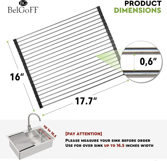 Roll Up Dish Drying Rack 17.7" x 16" - Over The Sink for Kitchen Counter, Foldable SUS304 Stainless Steel Dish Drying Rack for Cups, Utensils, Fruits, Vegetables