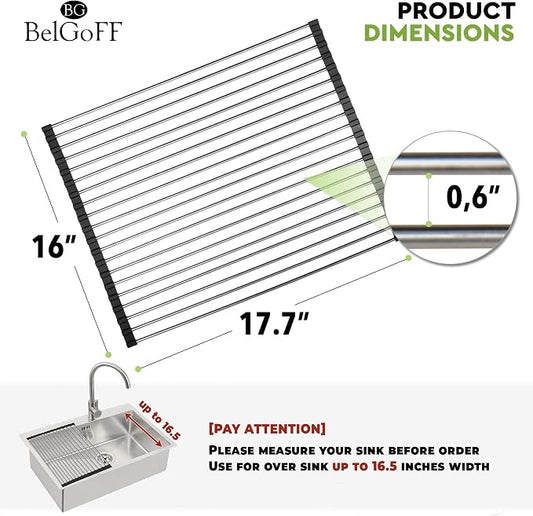 Roll Up Dish Drying Rack 17.7" x 16" - Over The Sink for Kitchen Counter, Foldable SUS304 Stainless Steel Dish Drying Rack for Cups, Utensils, Fruits, Vegetables