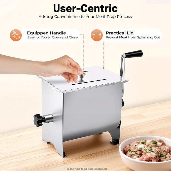 Manual Meat Mixer, 20lbs Stainless Steel Fixed Tank Meat Mixer, Manual Meat Grinder Machine with Non-Slip Feet, Countertop Food Processor, for Burger, Sausage & Jerky