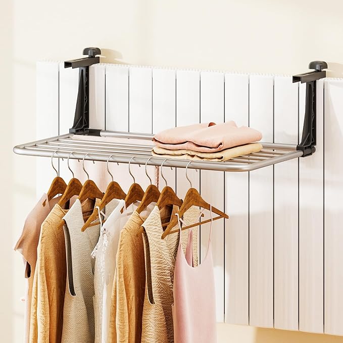 Giantex Portable Clothes Drying Rack, 25.5" Aluminum Hanging Laundry Rack with Adjustable and Foldable Brackets, Radiator Airer, Indoor Outdoor Towel Rack for Balcony Railings, Windowsill