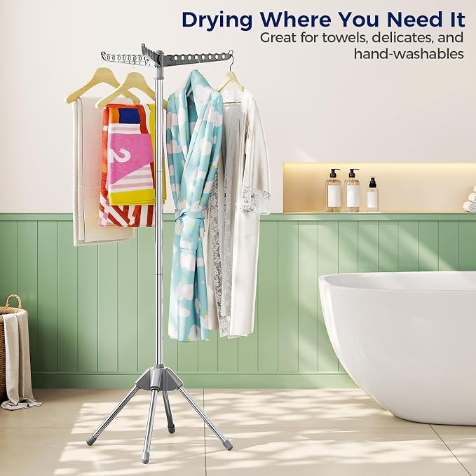 KINGBOARD Clothes Drying Rack, 59" H Laundry Drying Rack, 3 Rotatable Arms | 360° Rotatable Arms, 27 Hanger Holes, Stainless Steel, Tool-Free Setup, Portable for Travel & Small Home, Indoor, 27lbs Hold
