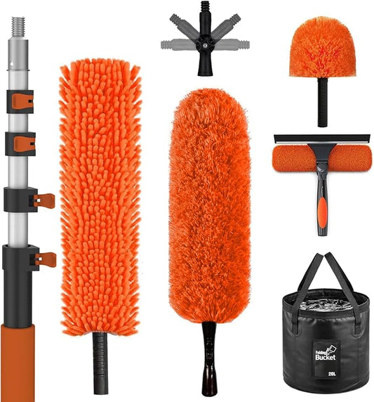 SISUPASSIE 26FT Reach High Ceiling Duster Kit, Window Cleaning kit with 5-20FT Extension Pole, Fan Duster for Ceiling Fan Blades, Microfiber Feather Duster, Window Squeegee, Bucket and Cobweb Duster