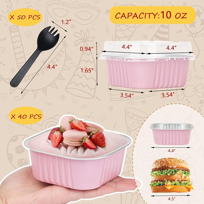 LNYZQUS Mini Cake Pans with Lids and Spoons,10oz Disposable Small Foil Baking Tins,40 Pack Individual Cake Containers for Home Bakers Bake Sales-Pink,4x4 Square