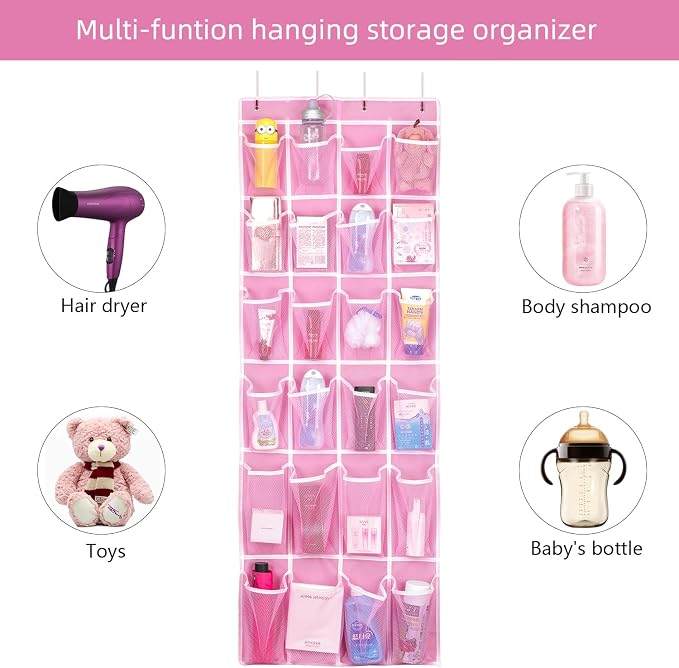 SAVERHO 2 Pack Hanging Shoe Organizer，Over Door Shoe Organizer with 24 Mesh Large Pockets Shoe Storage Bag for Sport Shoes Size:58x21 Inch Hanging Door Shoe Rack Organizer (Pink-2pack)