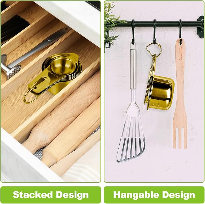 7 Pcs Gold Measuring Cups Stainless Steel, Nesting Metal Measuring Cups with Markings & Ring, Stackable Measure Cups Spoons Set for Cooking Baking Supplies, Kitchen Utensils for Dry Liquid Ingredients