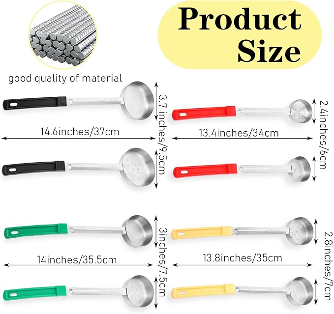 Kifmurase 8PCS Portion Control Serving Spoons, 2, 3, 4, 6oz Solid and Slotted Stainless Steel Ladle Spoon for Food Serving Buffet, Spoodle Diet Food Measuring Portion Utensils Control Scoop (4 Colors)
