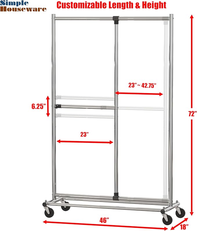 Simple Houseware Dual Bar Adjustable Clothing Garment Rack, 72" H, Chrome | Extendable Middle Bar from 23" to 42.75 Inches Width