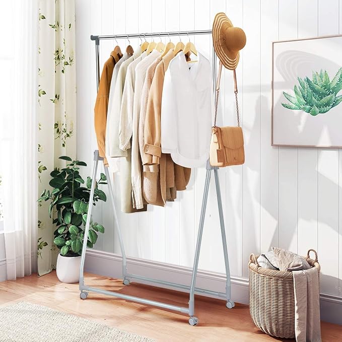 Moccha Extendable Garment Rack Clothes Rail, Heavy Duty Foldable Clothes Laundry Drying Rack with Adjustable Hanging Rod Rolling Casters, Movable Clothes Hanger for Home Office Store Market