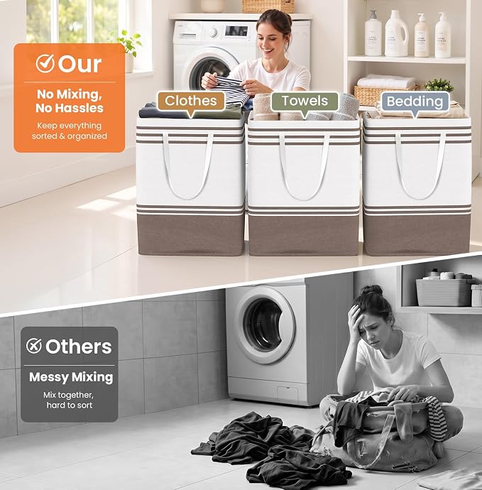 TranquilRelax 3-Pack Laundry Basket, Laundry Hamper, Khaki-125L | Freestanding＆Water-Resistant Laundry Hamper, Collapsible Tall Clothes Hamper with Carry Handles for Clothes, Laundry Basket