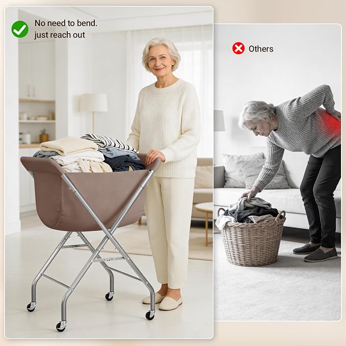 ELYKEN Laundry Basket with Wheels, Collapsible Laundry Hamper, Camel Brown | Removable Liner Bag, Foldable Design, Sturdy Metal Frame, 4 Casters, 32”H Laundry Cart for Bedroom, Bathroom & Laundry Room