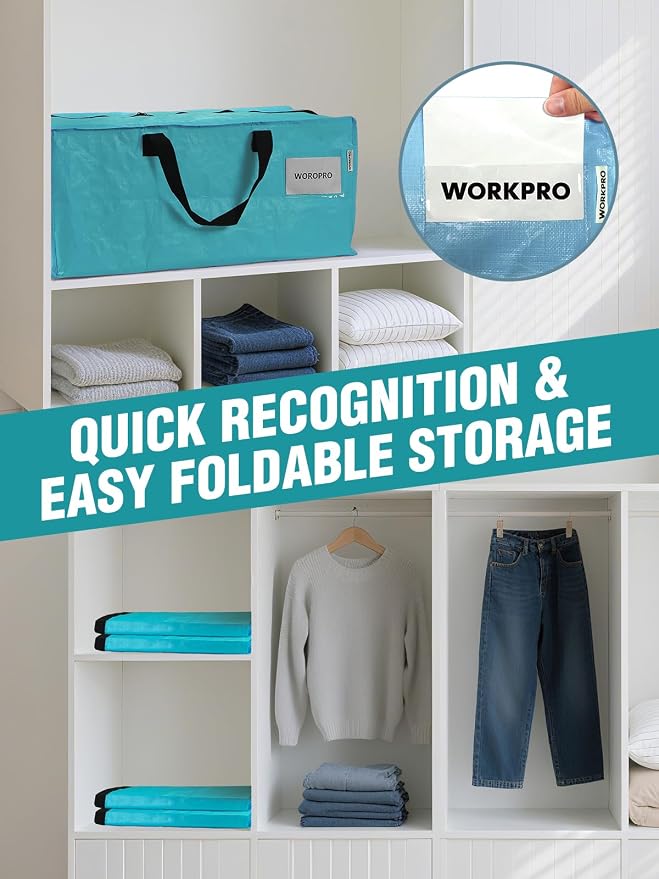 WORKPRO 1 Pack Extra Large Moving Bags with Backpack Straps & Handles | Heavy Duty Moving Storage Bags, Blue, Double Zippers for Moving, Dorm, Closet Storage, Travel & Space Saving