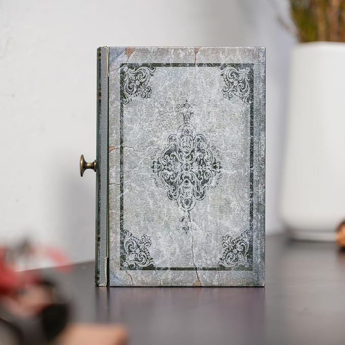 Vintage Book Storage Box with Drawer, Distressed Gray Faux Leather Cover with Ornate Baroque Design, Hidden Organizer for Jewelry or Office Bookshelf Decor 7″ x 5″ x 1.6″
