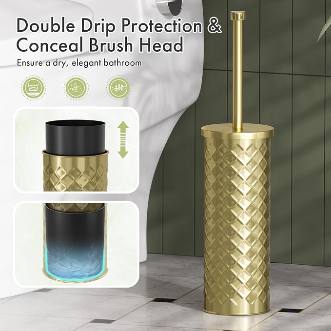 Toilet Bowl Brush and Holder Set 3 Pack with 6 Extra Brush Heads | Extra Long Handle with Splash Guard Cover, Tool-Free Installation, Bathroom Space-Saving, Cleaner Sets for Apartments, RV (Gold)