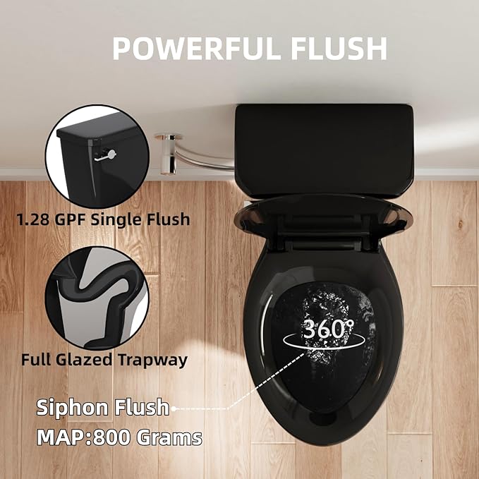 21 Inch High Black Toilet, Los Flexi Comfort 21" Extra Tall Toilets For Seniors, Elongated Bowl, Two-Piece Glossy Black Design, 1.28 GPF Single Flush, Soft-Closing Seat, 12-Inch Rough-In