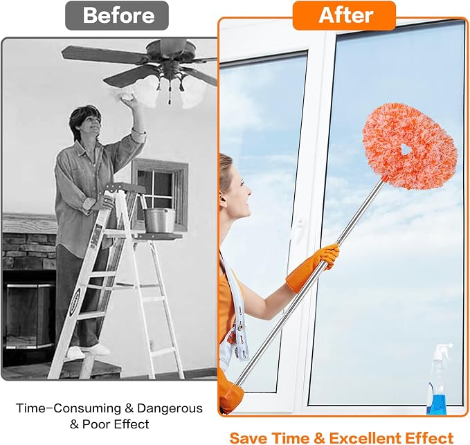 Ceiling Fan Cleaner Duster Reusable Microfiber Ceiling Fan Blade Cleaner Removable Duster with Extension Pole Adjusts 13 to 49.7 Inch for Cleaning Walls Furniture Door Window Top (Orange White)