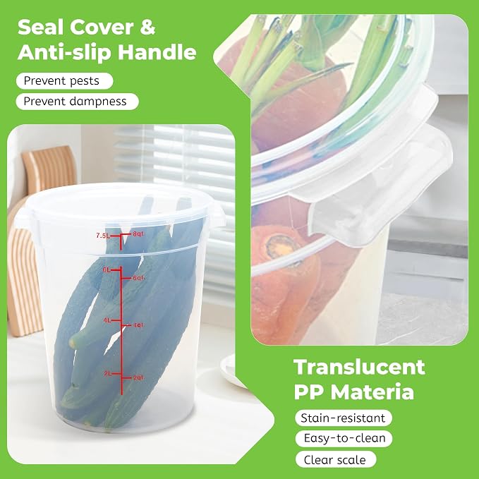 BIEAMA 4 Pack 8 Qt Round Food Storage Containers with Lids, Translucent PP | Include lids, labels, measuring cups and containers with capacity markings for food prep, pantry storage and dough proofing.