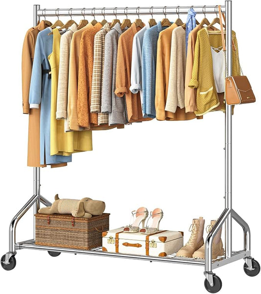 Simple Trending Heavy Duty Clothes Rack Load 420 LBS, Silver | Mesh Storage Shelf, 360° Lockable Wheels, Clothes Hanger for Bedroom, Laundry Room
