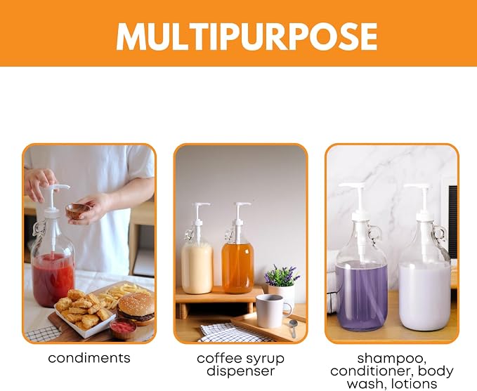 Glass Laundry Detergent Dispenser with Pump, 1 Gallon Glass Jug | 128 oz | Laundry Detergent Dispenser with airtight lid, non-slip base and 1.4 oz pump for soap, softener or syrup | 1 gallon jug