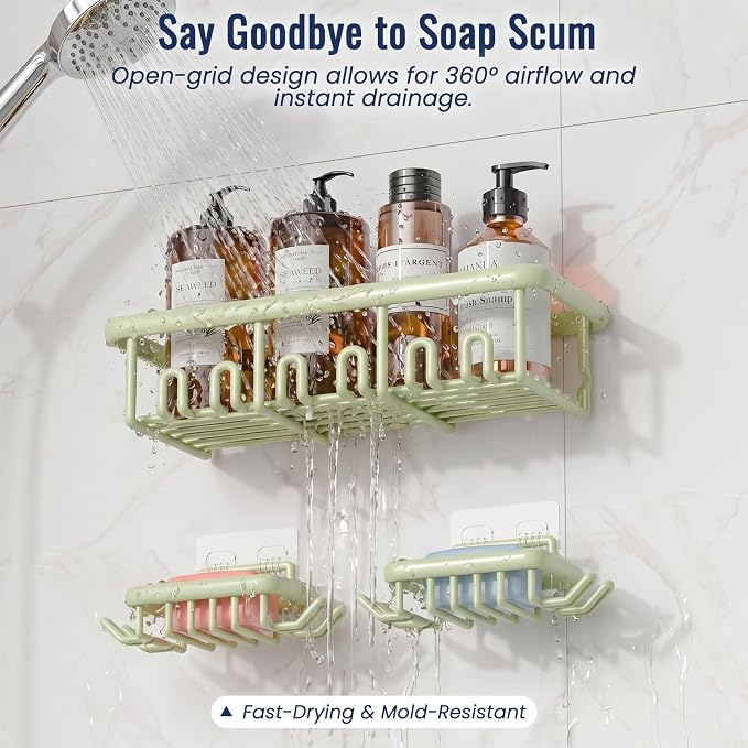 8 Pack Adhesive Rustproof Shower Caddy with Soap Dishes, Toothbrush Holder & Hooks, Large Capacity No-Drilling Shower Shelves Rack for Bathroom Organizers and Storage Accessories, Green