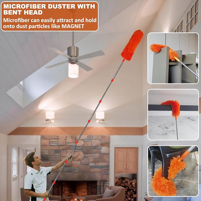 20 Ft+ High Reach Cleaning Tool Kit - Microfiber Feather Ceiling Fan Duster & Cobweb Duster with 3-14 ft Spliceable Pole Duster for Cleaning Fan, Spider Web, Ceiling, Blinds, Furniture Clean